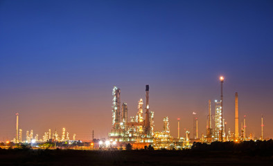 Panorama wide-angle Large oil and gas refinery industrial area at night