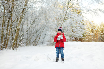 Adorable young girl having fun in beautiful winter park. Cute child playing in a snow. Winter activities for family with kids.