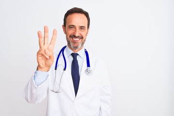 Middle age doctor man wearing coat and stethoscope standing over isolated white background showing and pointing up with fingers number three while smiling confident and happy.