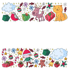 Christmas pattern with little children. Kids play and have fun during winter vacations.