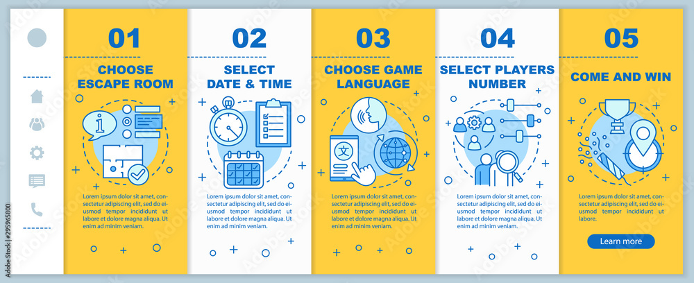 Poster escape room booking yellow onboarding mobile web pages vector template. choose quest. responsive web