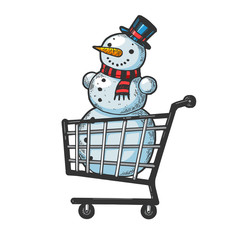 Snowman in shopping cart sketch engraving vector illustration. Black friday design. Scratch board style imitation. Black and white hand drawn image.