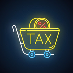 Sales tax ID neon light icon. Price formation. Excise duty. Taxation. Value added tax. Bills payment. Retail sale. Glowing sign with alphabet, numbers and symbols. Vector isolated illustration