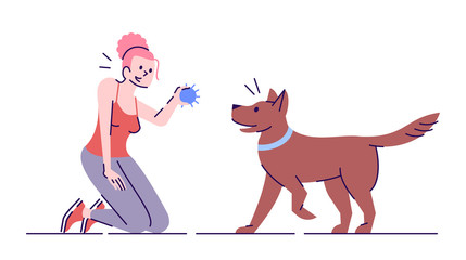 Young woman playing with dog flat vector illustration. Active leisure. Smiling caucasian girl and faithful playful pet isolated cartoon character with outline elements on white background