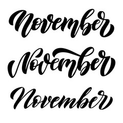 November, set of three minimalistic black and white vector scripts with decorative maple leaves elements. Hand drawn brush lettering for autumn events, posters, and banners.