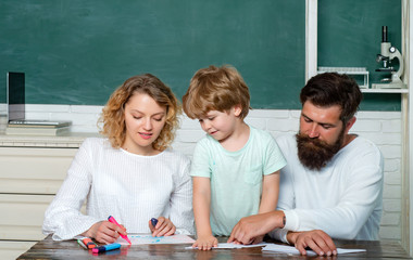 Back to school. Beginning of lessons. Elementary student. Family day. Boy from elementary school. Pupil of primary school study indoors. Educational process.