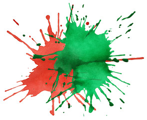 Red and green blot mix of watercolor paint isolated on white background