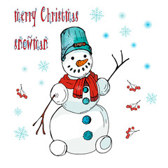 happy Christmas Snowman with bucket on his head, color vector isolated illustration on white backgro und, berries, fir branches 