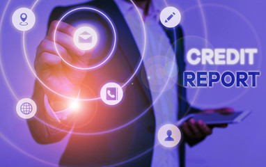 Obraz premium Conceptual hand writing showing Credit Report. Concept meaning Borrowing Rap Sheet Bill and Dues Payment Score Debt History