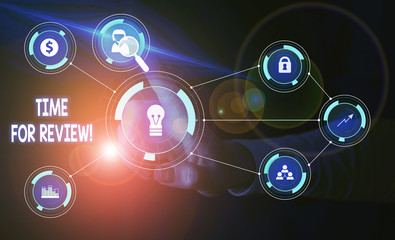 Handwriting text Time For Review. Conceptual photo formal assessment of something with intention instituting change Woman wear formal work suit presenting presentation using smart device