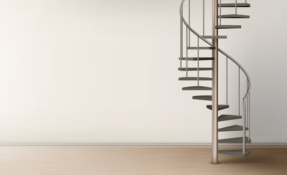 Spiral Staircase In Empty Home Interior With Clean Wall And Floor, Metal Helical Round Ladder On Pillar With Tube Railings And Wooden Stairs. Modern Room Design. Realistic 3d Vector Illustration