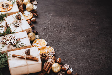 Christmas, New Year, winter holidays festivity and celebration concept. Gift boxes and decorations composition with copy space