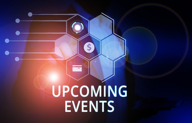 Word writing text Upcoming Events. Business photo showcasing the approaching planned public or social occasions Male human wear formal work suit presenting presentation using smart device