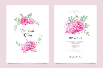 Wedding invitation card with pink roses watercolor