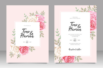 Botanical wedding invitation card template white and pink roses flowers