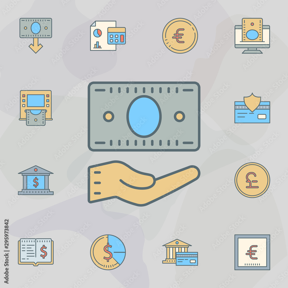 Poster hand holds cash note dusk style line icon. universal set of banking for website design and developme