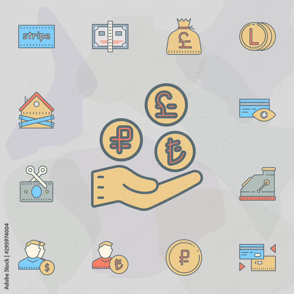 Poster hands hold coins dusk style line icon. universal set of banking for website design and development, 
