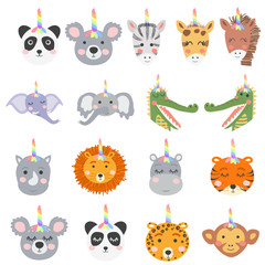 Obraz premium Set of cute funny animals with unicorn horns, Scandinavian style flat design. Concept for children print.
