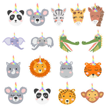 Set of cute funny animals with unicorn horns, Scandinavian style flat design. Concept for children print.