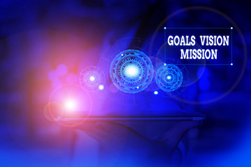Text sign showing Goals Vision Mission. Business photo text practical planning process used to help community group Woman wear formal work suit presenting presentation using smart device