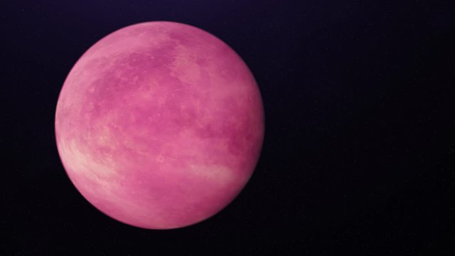 Abstract animation of unknown pink planet rotating in outer space. Animation. Abstract pink planet orbiting in space with evolving atmosphere and stars