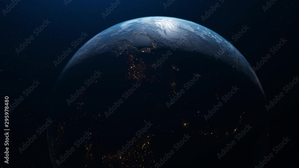 Poster abstraction of realistic world globe spinning slowly animation. animation. planet earth from space. 
