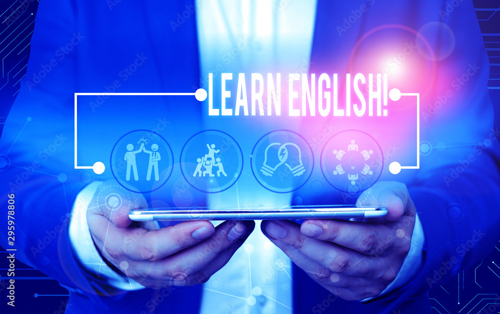 Poster text sign showing learn english. business photo text gain acquire knowledge in new language by study