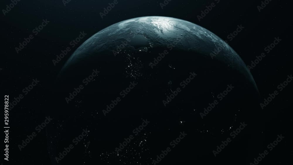 Poster abstraction of realistic world globe spinning slowly animation. animation. planet earth from space. 
