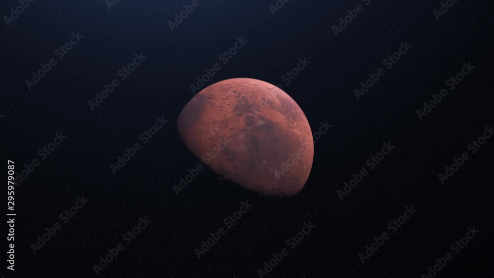 Poster beautiful abstraction of red mars planet rotating on black background in space. animation. day and n