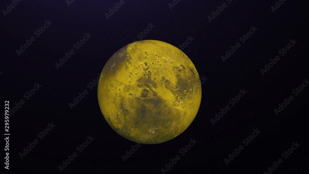 Poster colorful abstraction of unknown yellow planet rotating on black background in space. day and night o