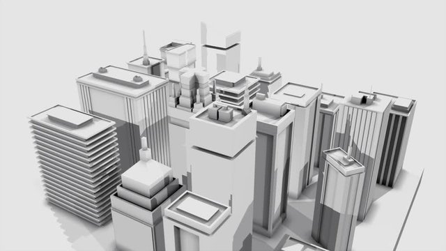 Abstract animation of 3d architectural scale model of big modern city center on white background. Animation. Simple 3D animation rendered in 4K