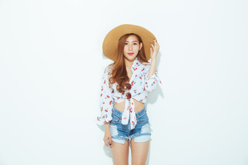 woman in summer fashion on white background