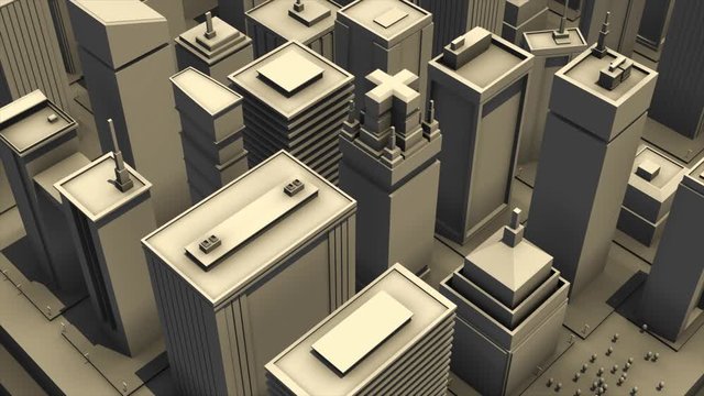 Abstract animation of 3d architectural scale model of big modern city center on white background. Animation. Simple 3D animation rendered in 4K