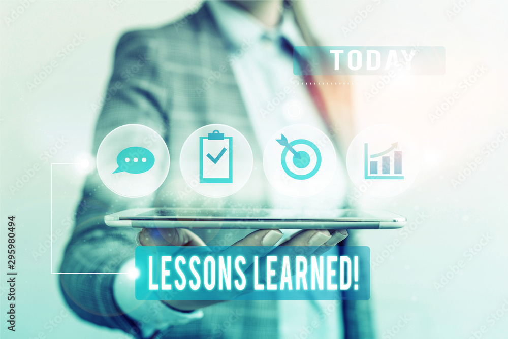 Poster conceptual hand writing showing lessons learned. concept meaning experiences distilled project that 