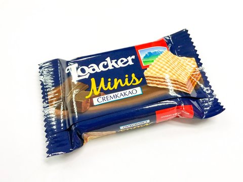 Bangkok Thailand - 29 May2019:  Loacker mini chocolate Wafer small size on white background