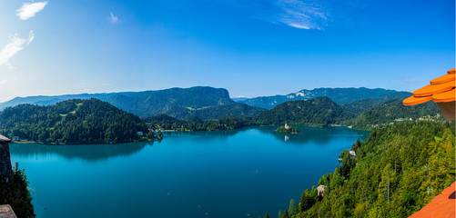 View to the Church on lake Bled island from the Bled castle