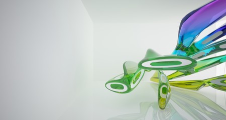 Abstract architectural white and glass gradient color smooth interior of a minimalist house with large windows. 3D illustration and rendering.