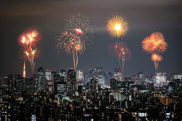 Fireworks over Tokyo cityscape at night, Japan