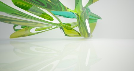 Abstract architectural white and glass gradient color smooth interior of a minimalist house with large windows. 3D illustration and rendering.