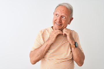 Senior grey-haired man wearing striped t-shirt standing over isolated white background laughing nervous and excited with hands on chin looking to the side