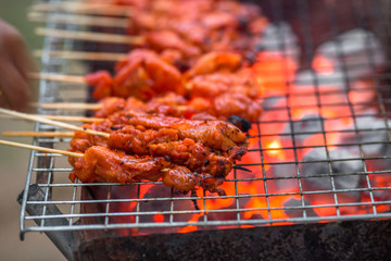 The blurred background of grilling chicken on a charcoal grill, with the heat of the flame from the oil of the meat, spreading smoke and a fragrant flavor from the food smell.