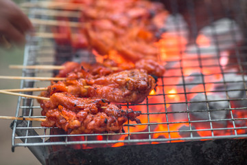 The blurred background of grilling chicken on a charcoal grill, with the heat of the flame from the oil of the meat, spreading smoke and a fragrant flavor from the food smell.
