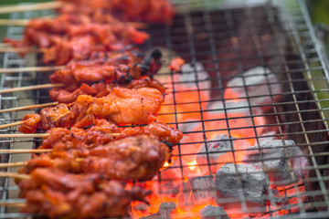 The blurred background of grilling chicken on a charcoal grill, with the heat of the flame from the oil of the meat, spreading smoke and a fragrant flavor from the food smell.