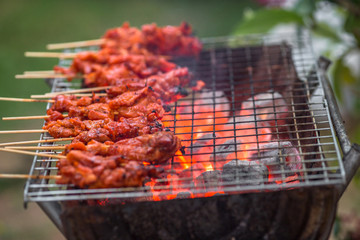 The blurred background of grilling chicken on a charcoal grill, with the heat of the flame from the oil of the meat, spreading smoke and a fragrant flavor from the food smell.