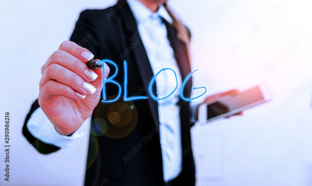 Poster writing note showing blogquestion. business concept for regularly updated website web page run by in
