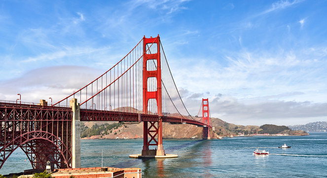 Breathtaking Golden Gate Bridge San Francisco Ocean Shoreline Blue Skies Ship