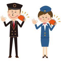 ポップなパイロットとキャビンアテンダントor運転手とバスガイドがお財布を持つ