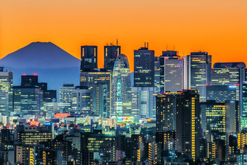 Fuji Mountain with Shinjuku Skyscraper Buildings at Sunset, Tokyo, Japan