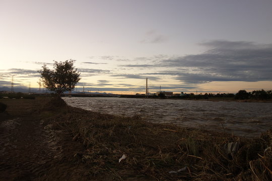 台風通過後の増水した多摩川 © あおい