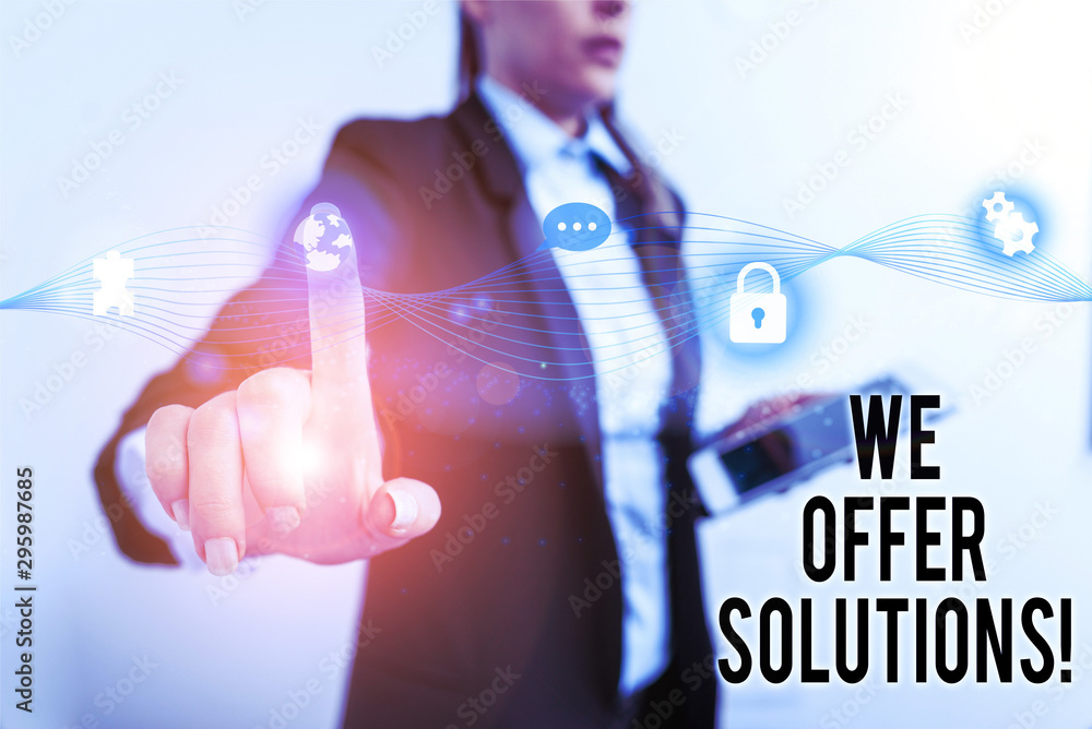Aufkleber text sign showing we offer solutions. business photo text way to solve problem or deal with difficul
